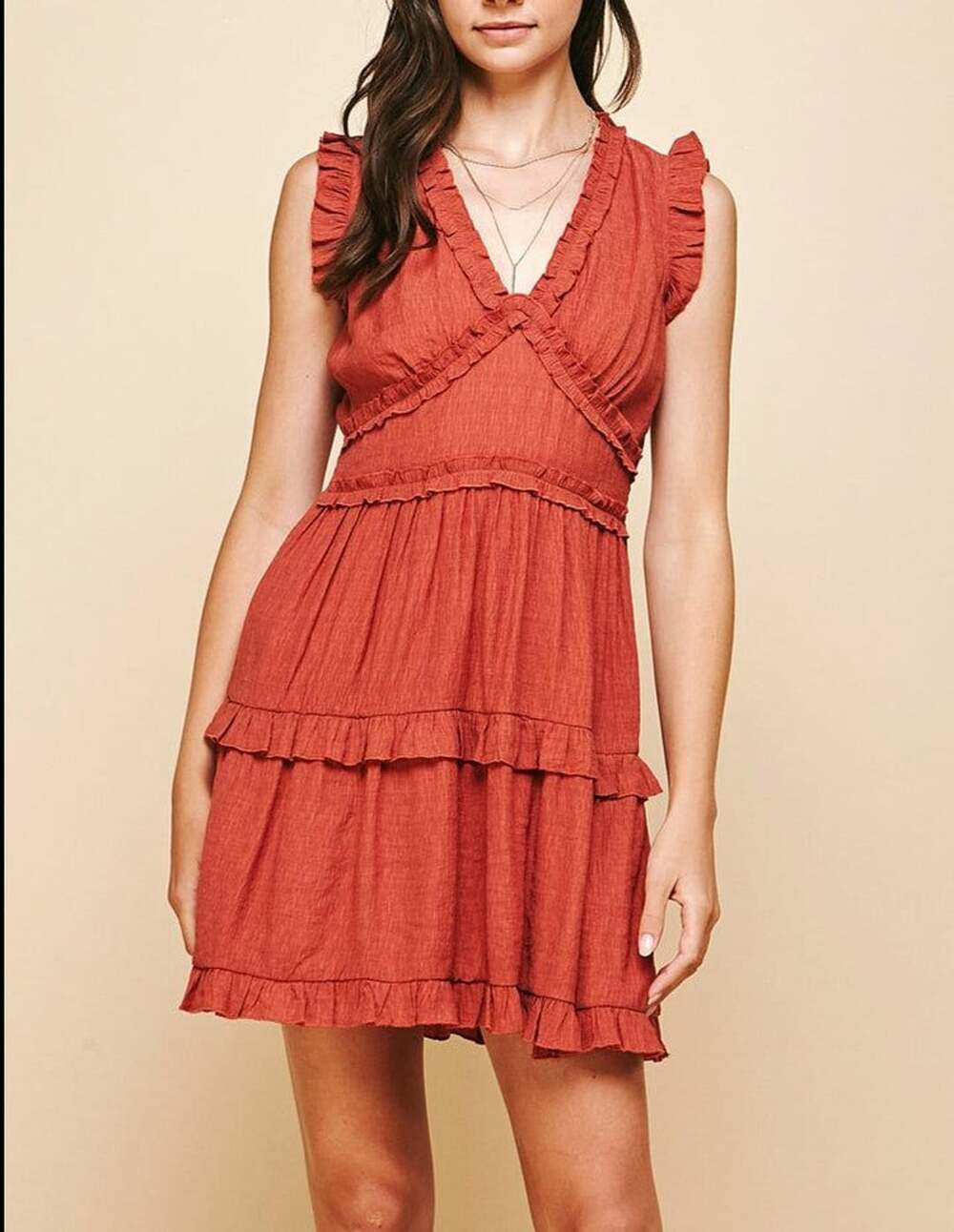 NWT PINCH Sleeveless V-Neck Tiered Ruffle Mini Dress Red Small